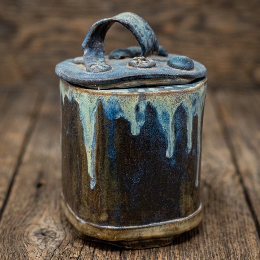 Handmade Studio Pottery Lidded Jar Blue Glaze Berry Motif Lid and Loop Handle